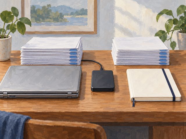 A laptop, separate drive and organised documents