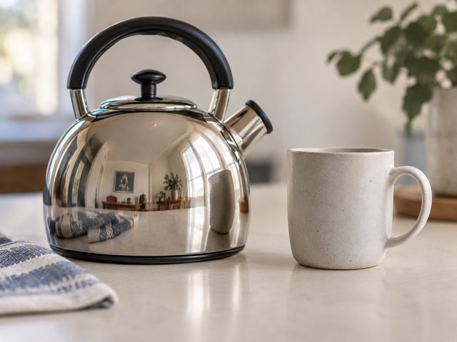 A shiny metal kettle reflecting a room beside a matte ceramic mug.
