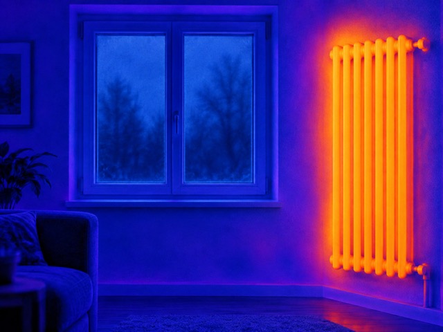 A conceptual false-colour view of a window, wall and radiator.