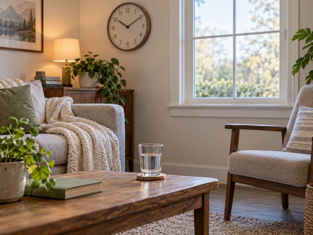 A quiet room with a chair, window and clock