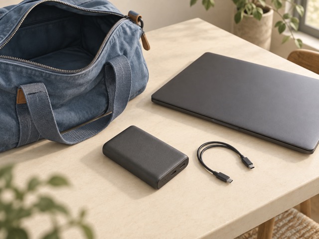 A generic power bank, USB-C cable and closed laptop beside an open bag.