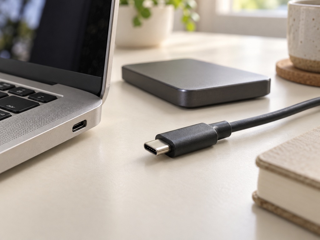 A disconnected USB-C plug beside a laptop port, with a portable SSD behind it.