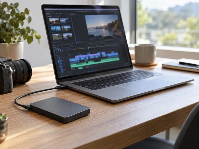 A generic external drive beside a video-editing laptop
