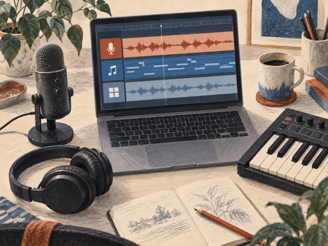 A microphone, headphones, keyboard and laptop arranged for audio recording.