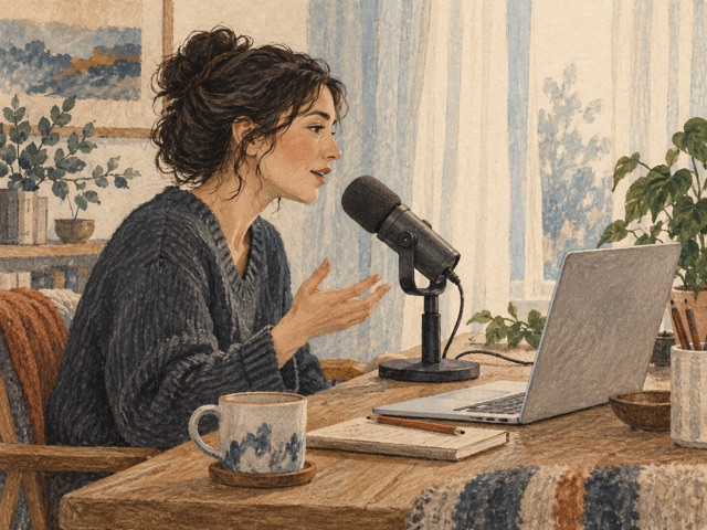 A person speaking into a nearby desk microphone beside a laptop.