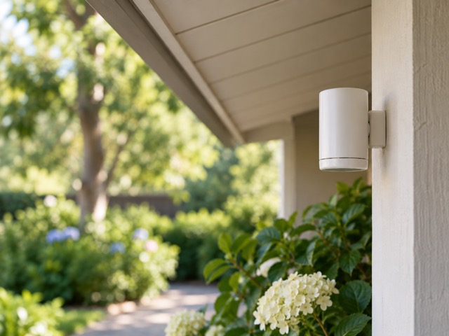 A generic environmental sensor sheltered under a shaded porch.