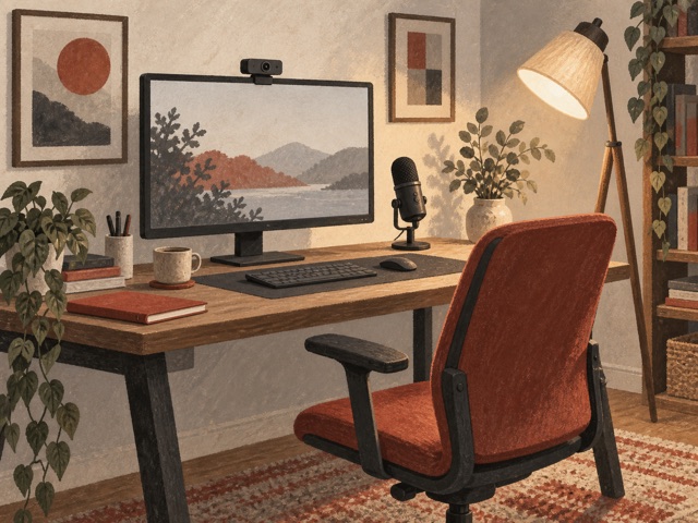An unbranded webcam above a monitor with a separate microphone and soft desk lamp.