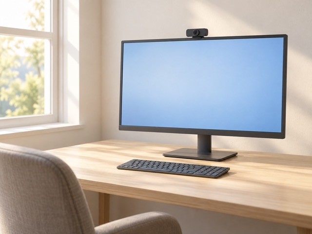 A desk with a window beside the monitor and the keyboard centred in front of it.