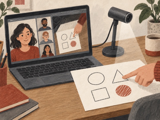 A generic camera showing a sheet of drawn shapes during a video call.