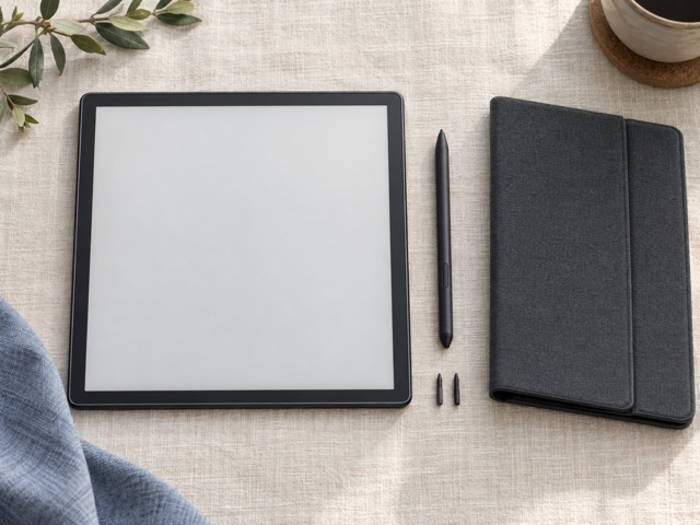 Unbranded writing tablet, separate stylus, folio and two spare pen nibs.