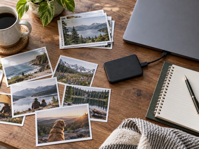 Photo prints beside a laptop and generic compact SSD