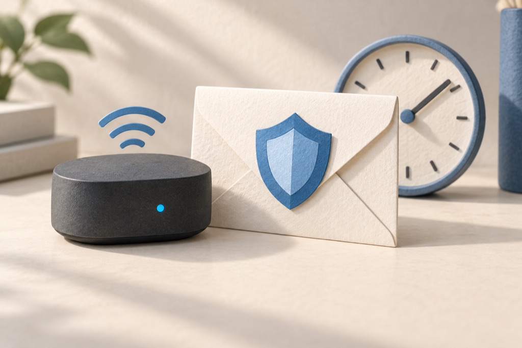 Illustrated connected device beside a shield envelope and reporting clock