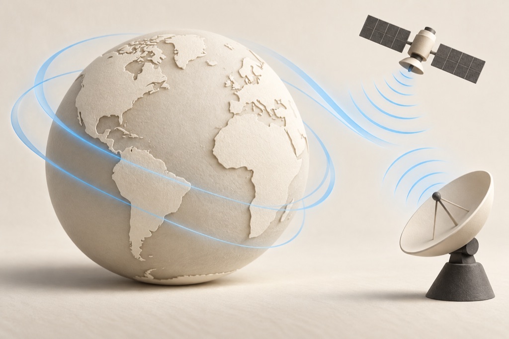 Illustrated globe, satellite and ground antenna representing radio coordination