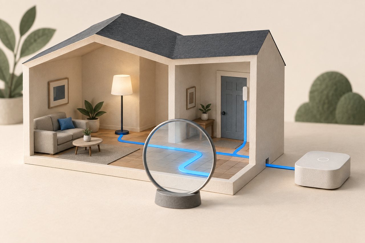 Paper house with a magnifying lens revealing blue paths between a controller, lamp and door sensor