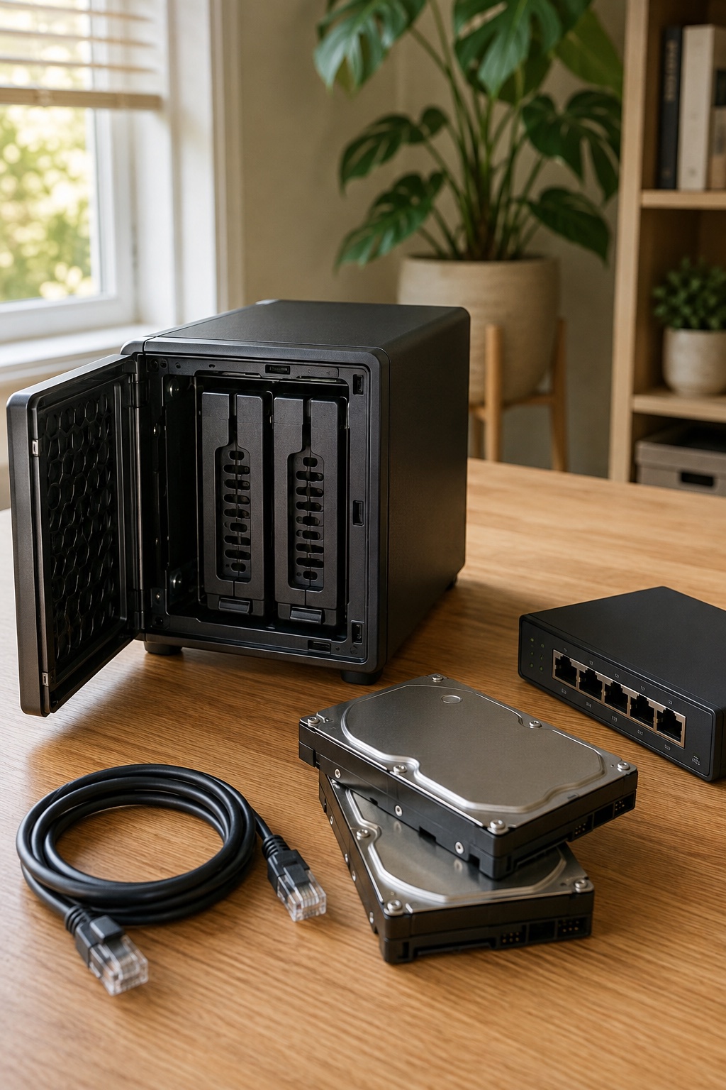 An illustrative home NAS setup with drives and network hardware.