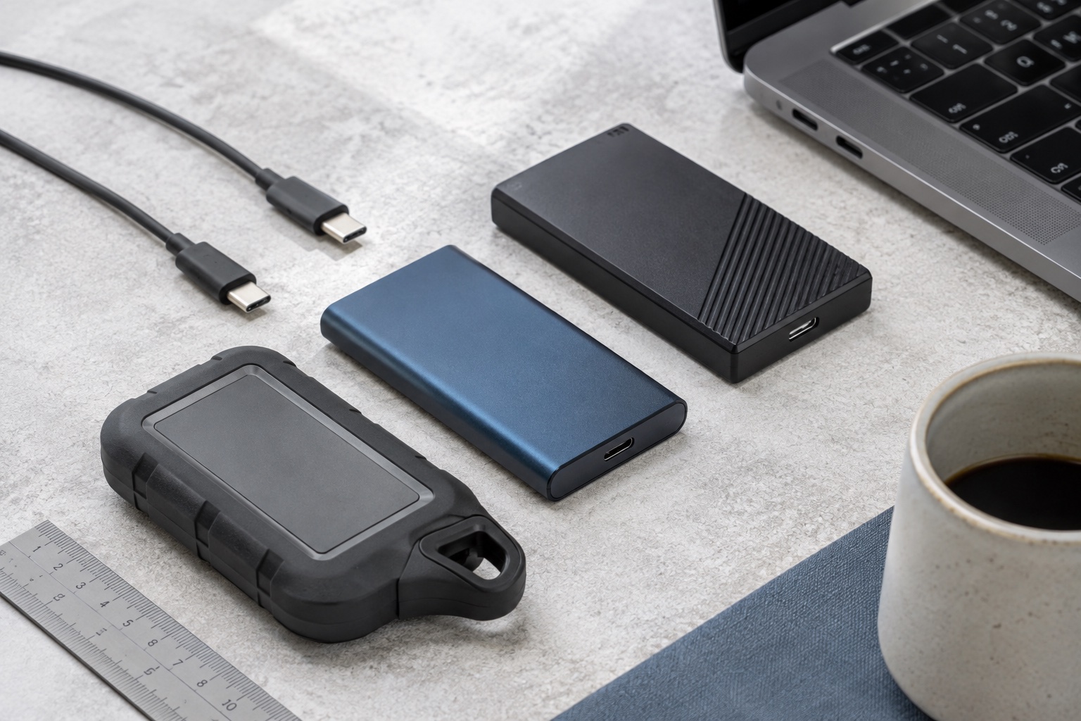 Unbranded portable SSDs and USB-C cables beside a laptop.