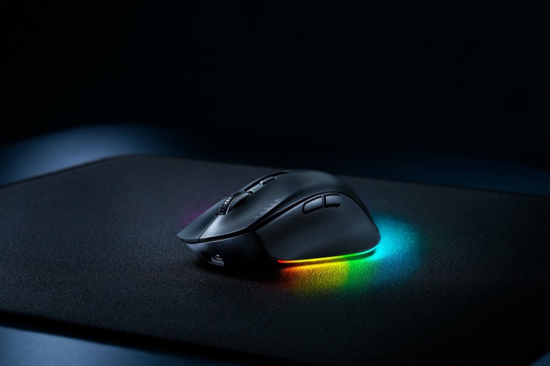 Black Razer Pro Click V2 on a desk, showing its standard right-handed shape.