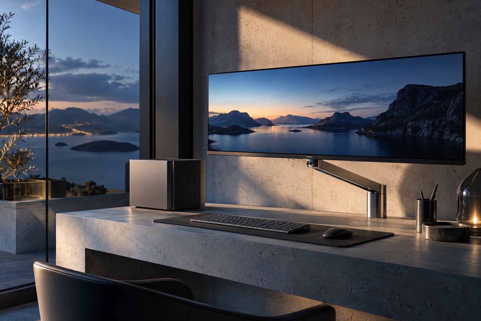 A carefully arranged computer workstation in cool architectural light.
