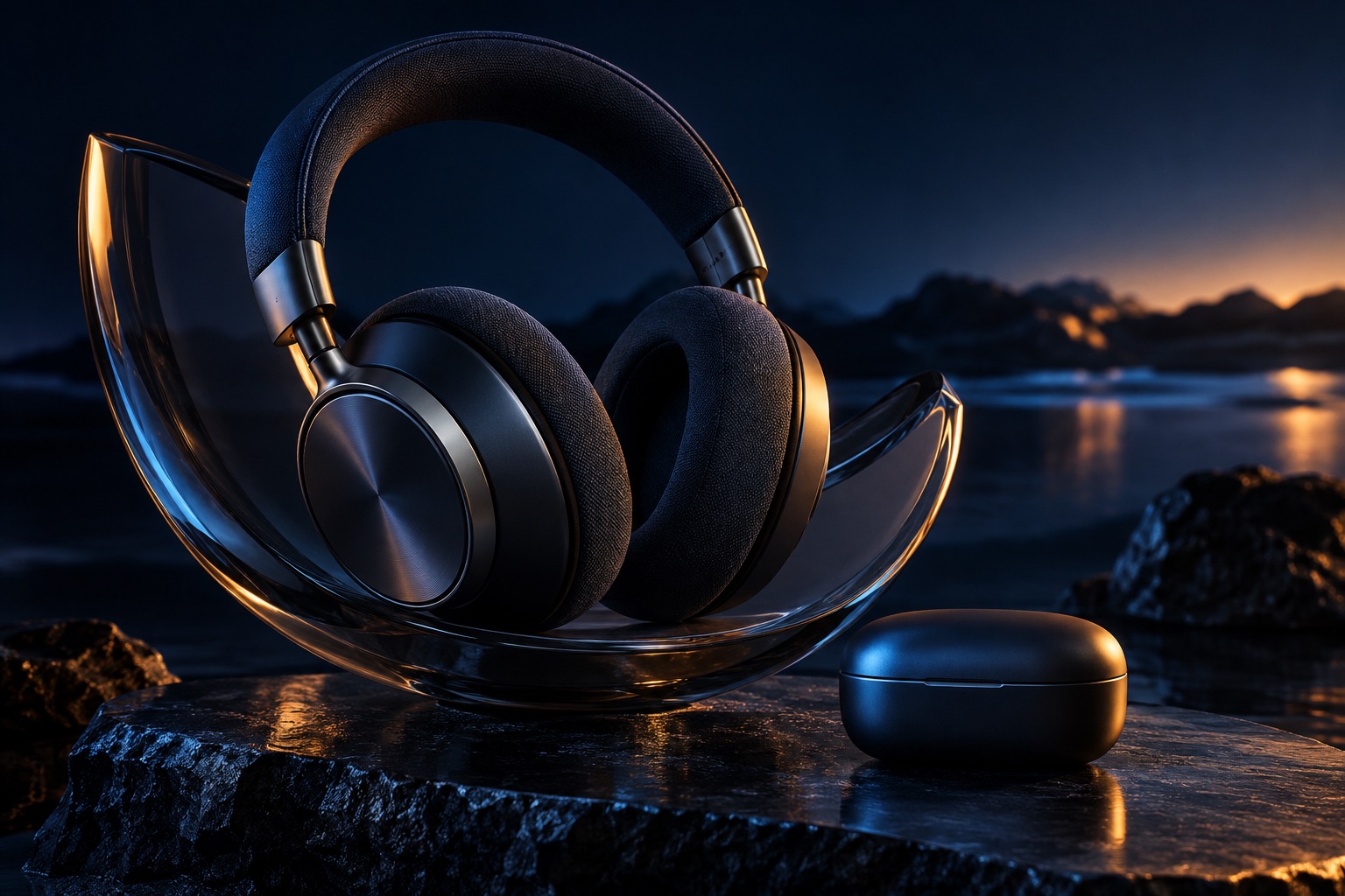 Unbranded headphones and wireless earbuds in a sculptural audio still life.