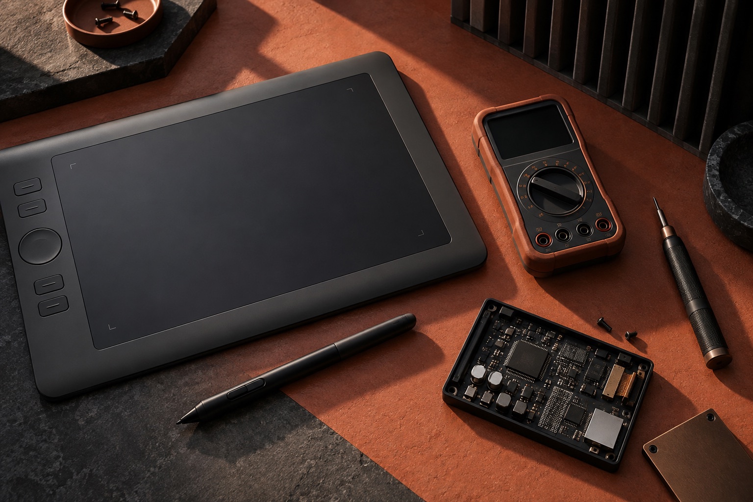 A drawing tablet, digital multimeter and precision tools on a terracotta work surface.