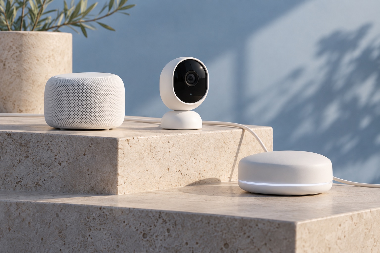 Connected-home networking devices arranged in a geometric composition.