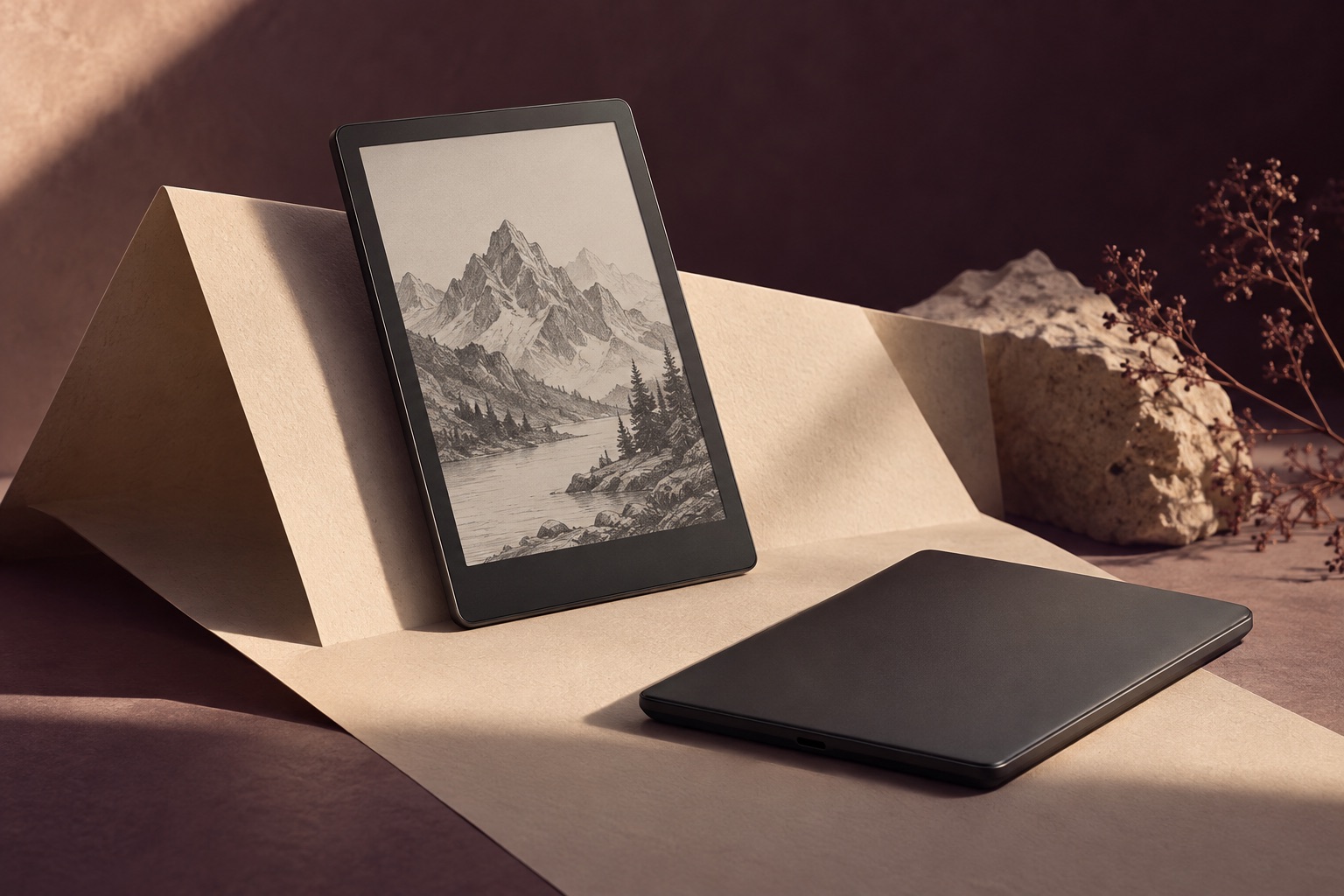 An unbranded e-reader in a quiet, tactile reading still life.
