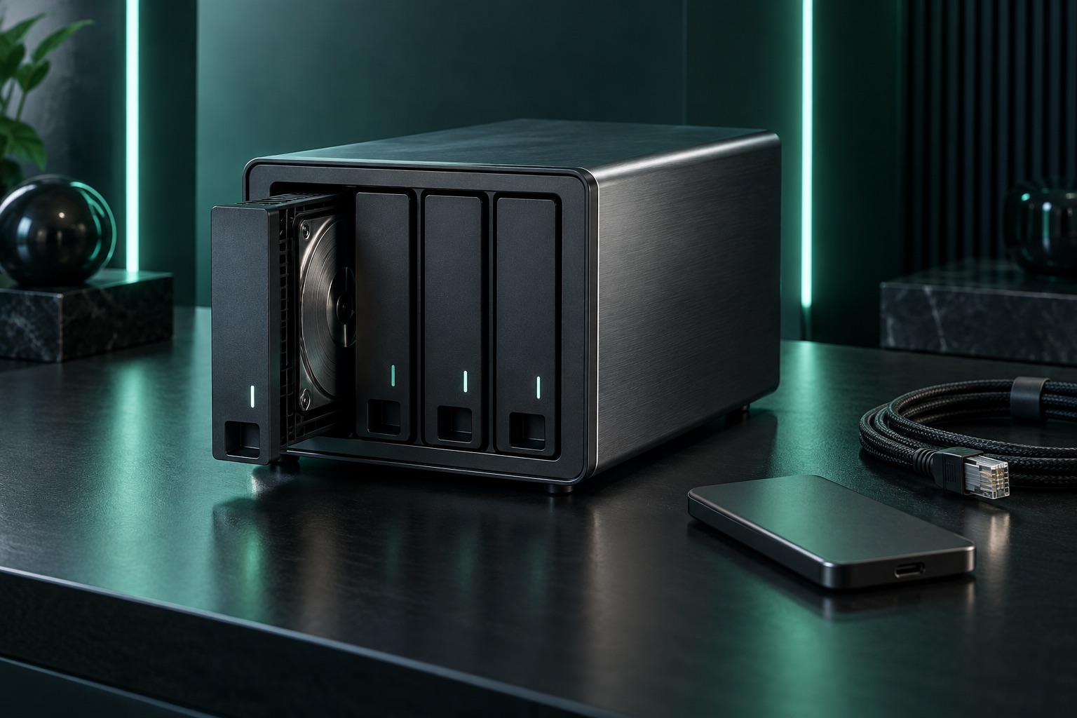 Portable drives and a home storage enclosure arranged as a device still life.