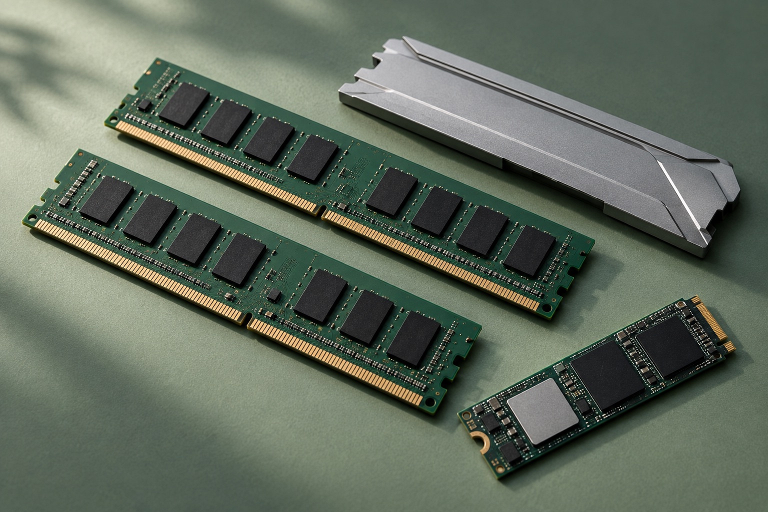 Computer memory modules and a solid-state drive on an electronics work surface.