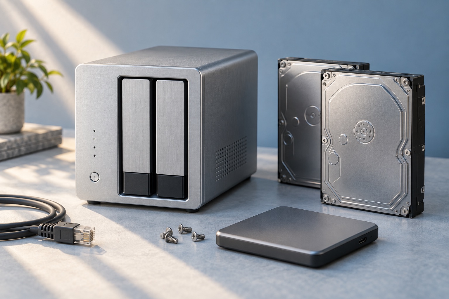 A home network storage enclosure and removable drives in an editorial still life.