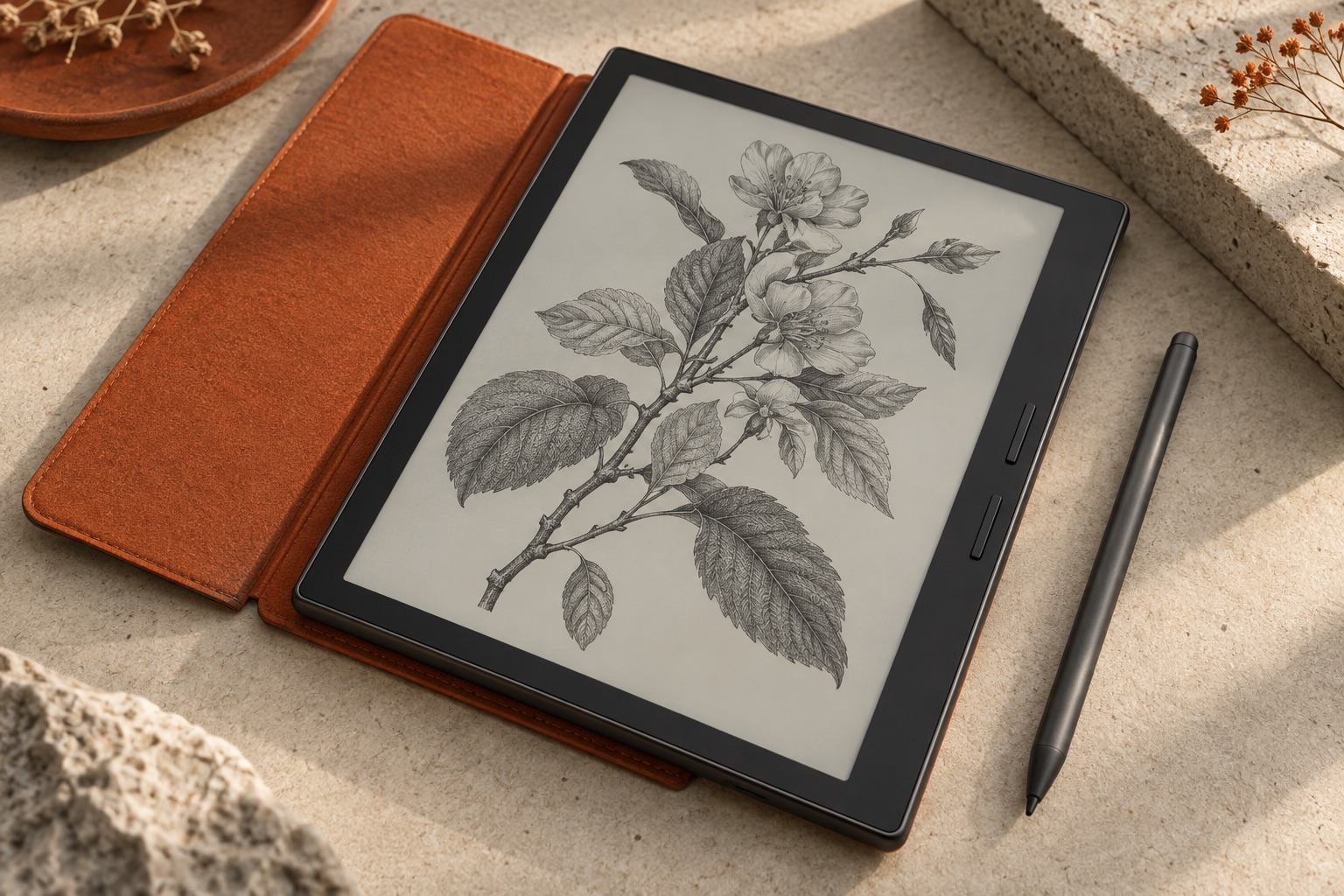 An unbranded e-reader with a botanical drawing, a stylus and an orange folio.