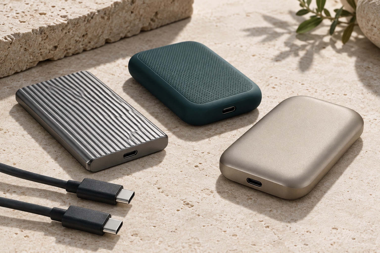 Three unbranded portable solid-state drives with USB-C connections on limestone.