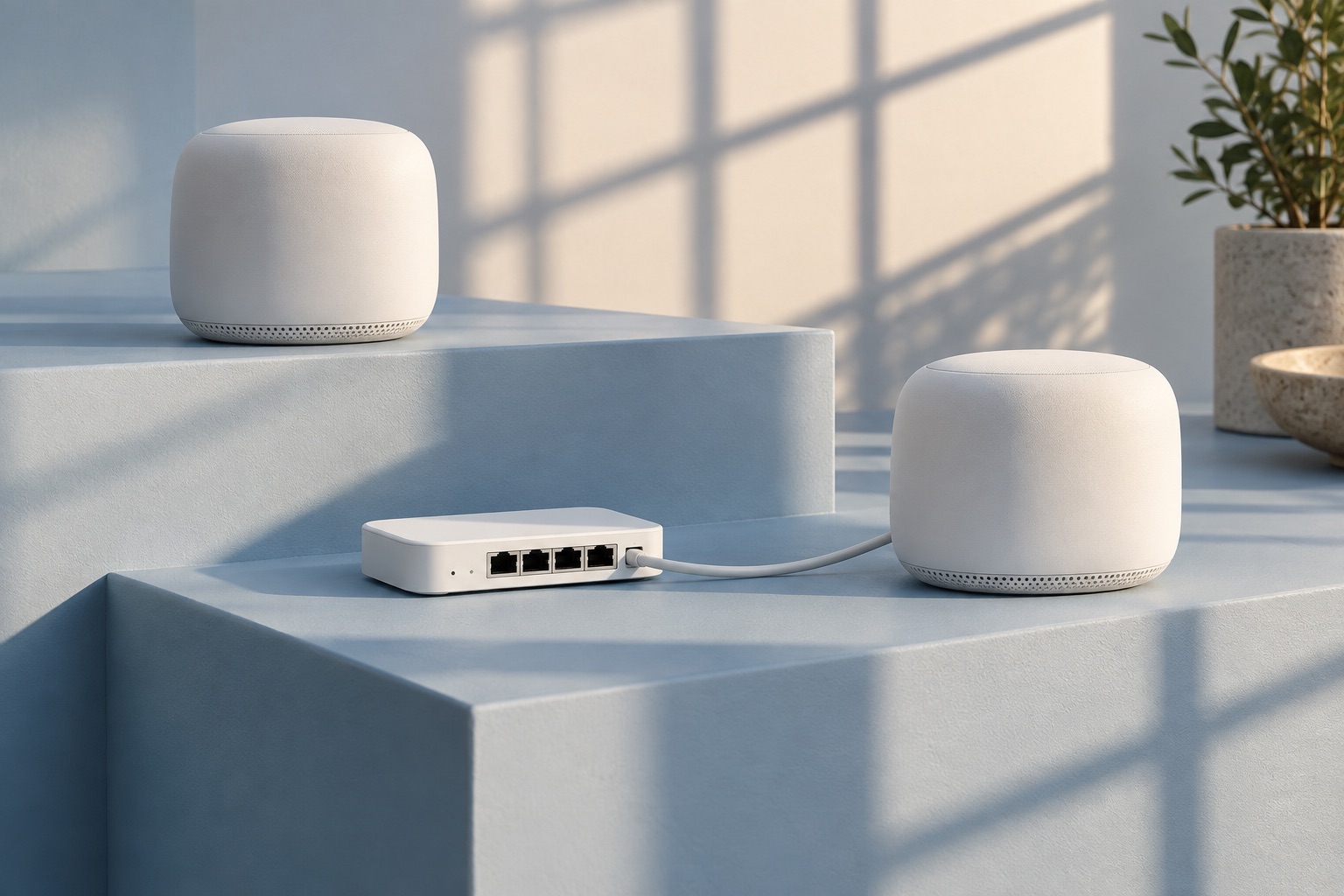 Two mesh Wi-Fi units and a compact network switch on pale blue architectural steps.