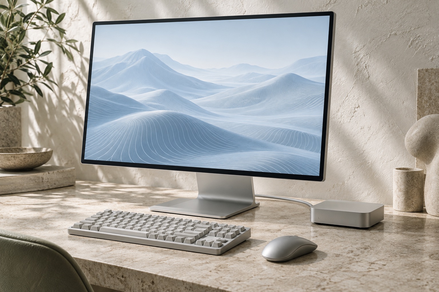 A silver monitor, keyboard, mouse and aluminum dock on a sunlit limestone desk.