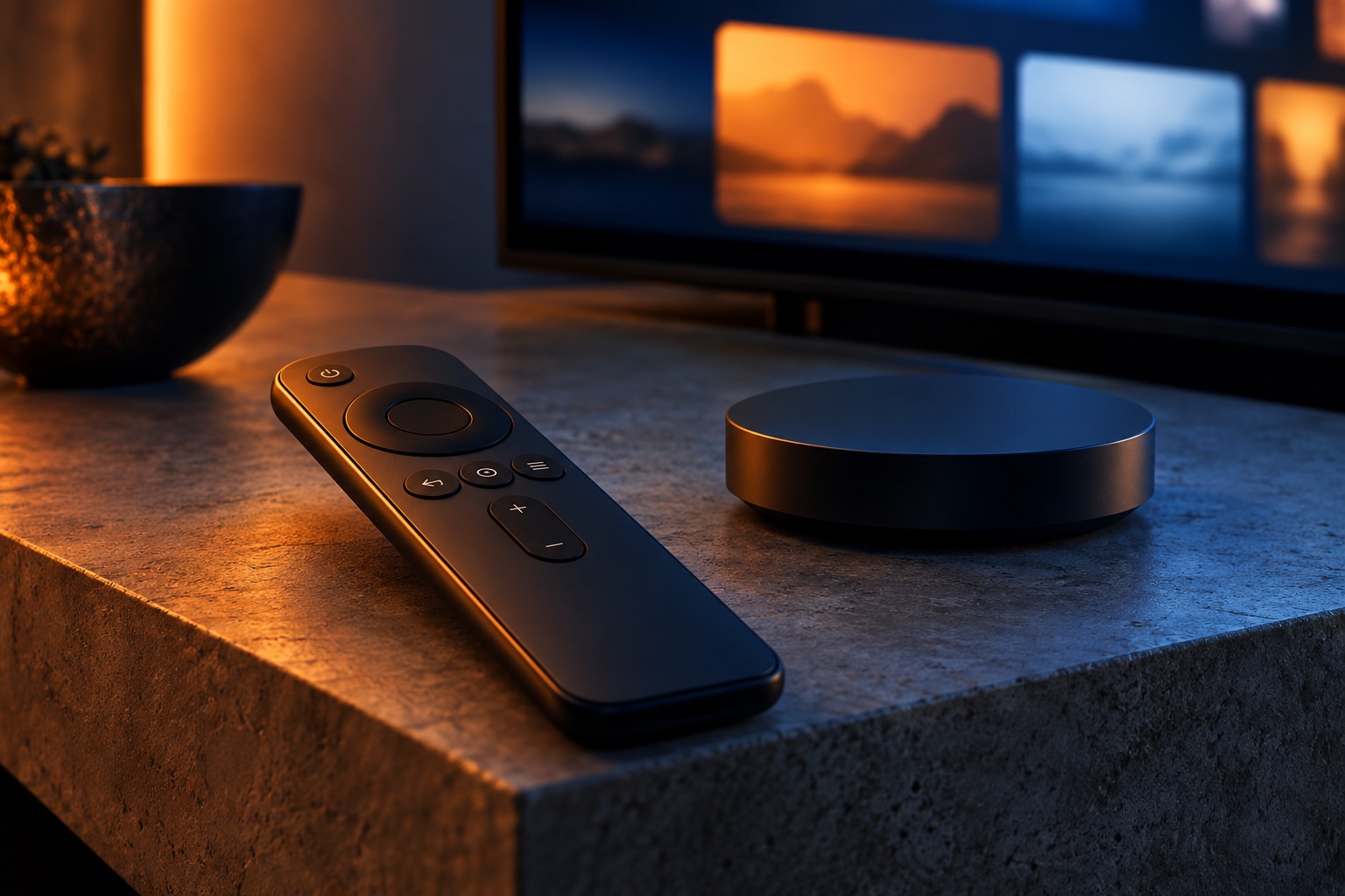A streaming screen, remote and compact television device in a cinematic still life.