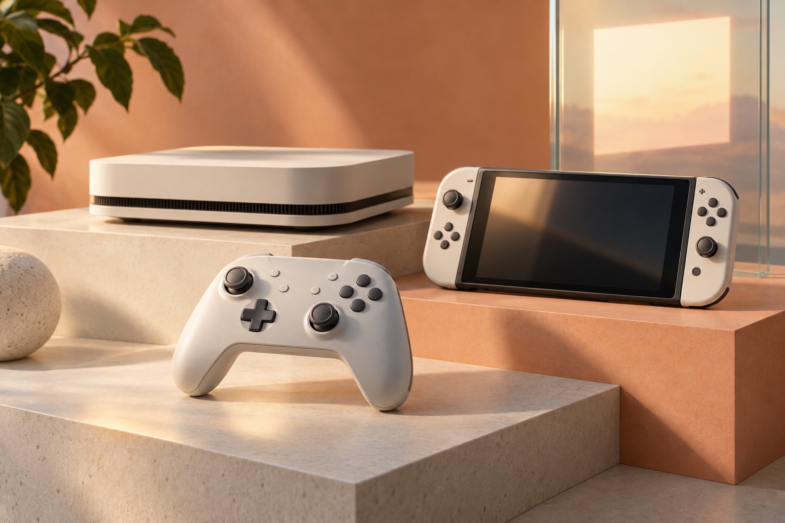 An unbranded gaming controller and console in dramatic studio lighting.