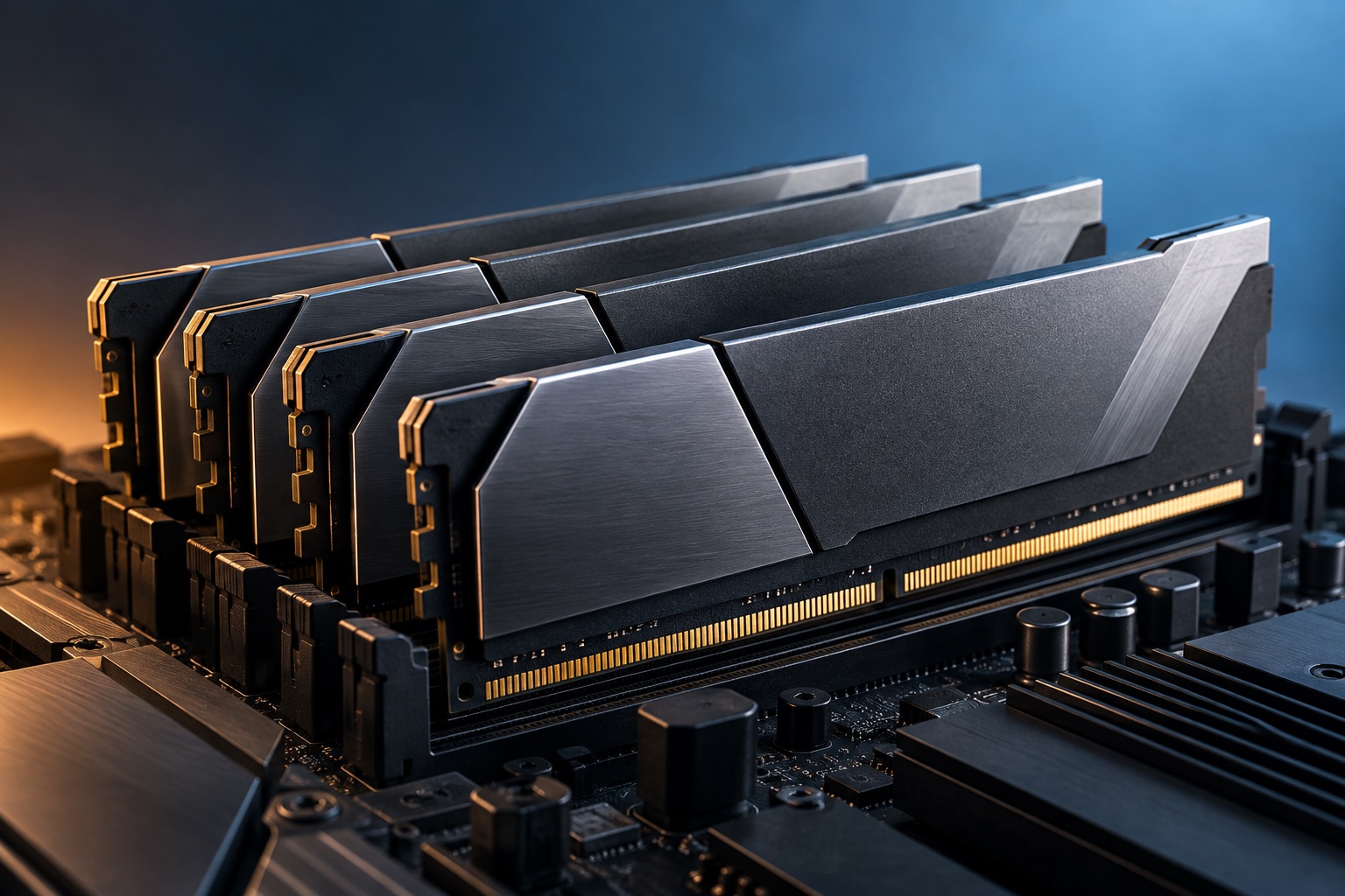 Computer memory modules arranged as an architectural silicon still life.