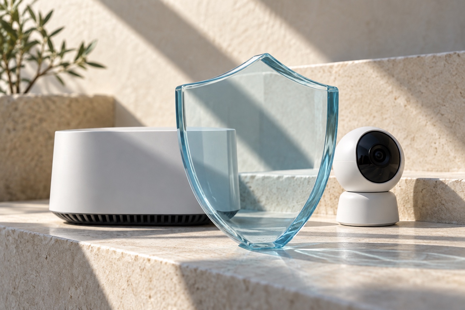 A router and security camera behind a translucent glass shield, illustrating device security.