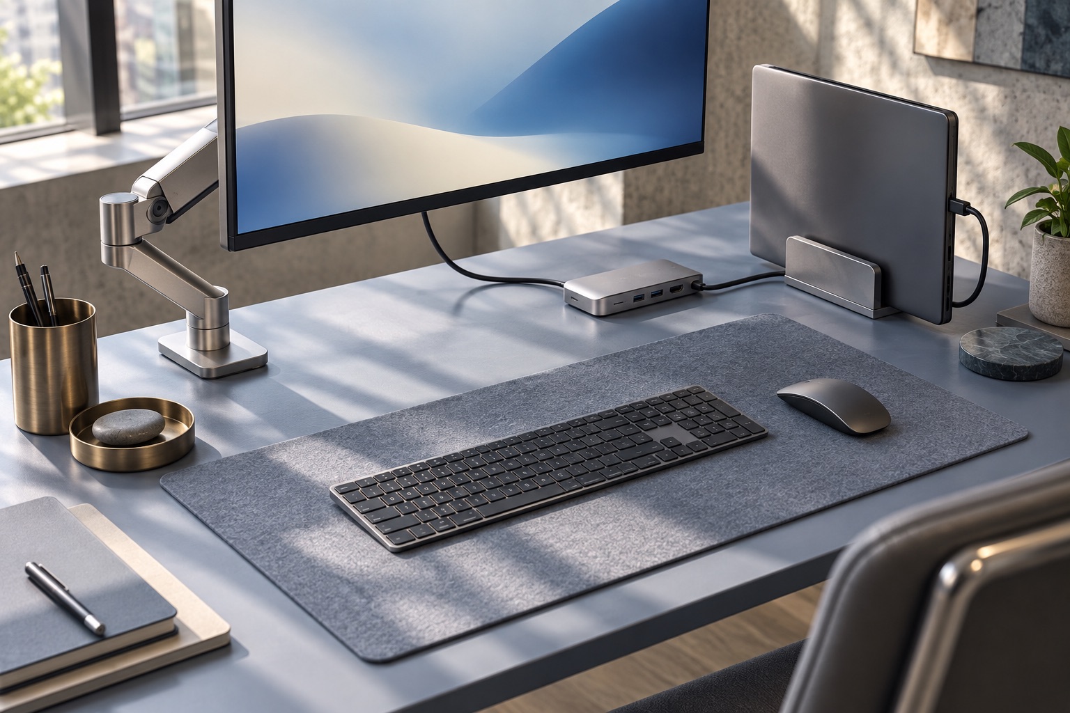 An organized modular workstation with a monitor arm, laptop stand and USB-C hub.