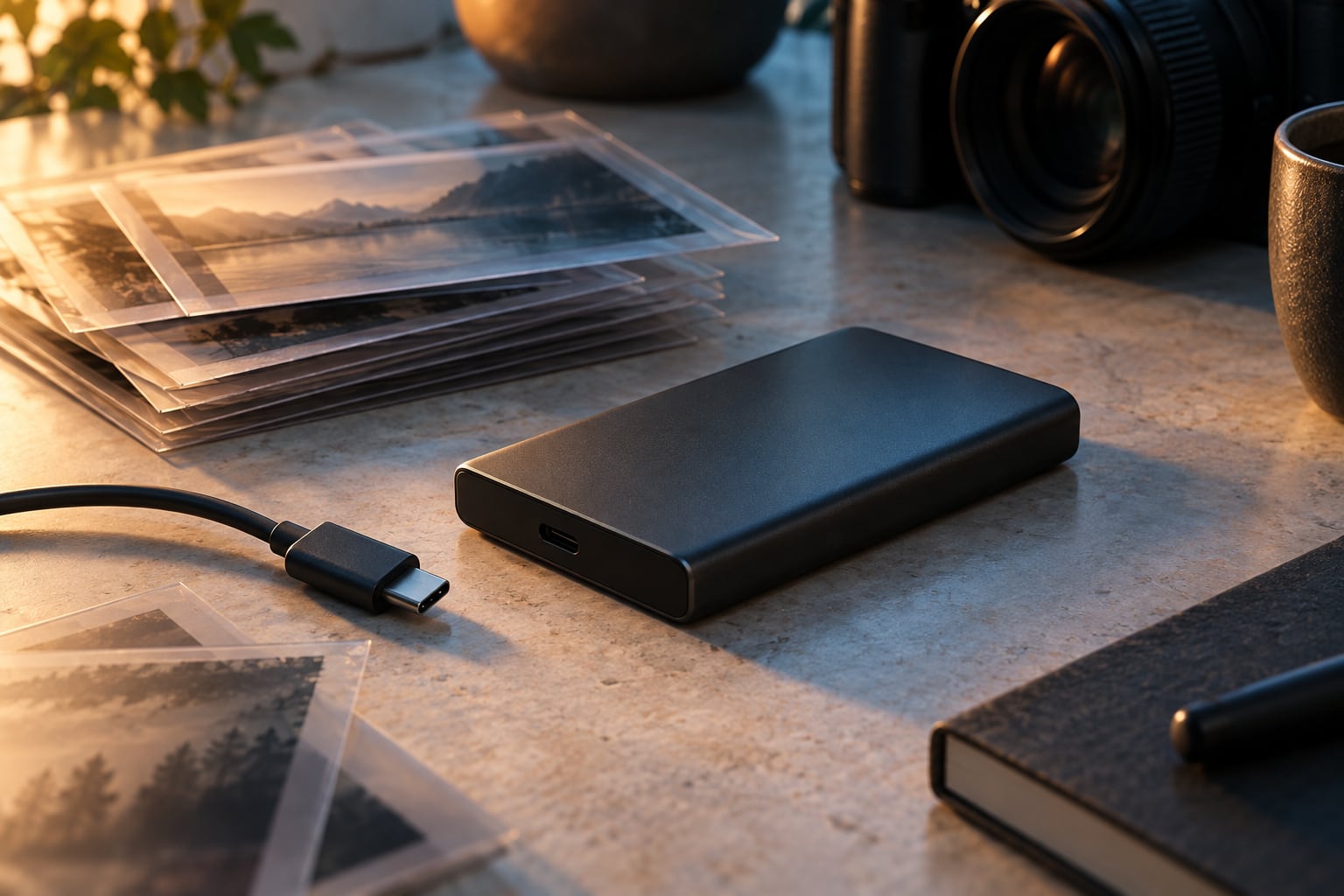 Conceptual illustration of an unbranded portable drive beside photographic frames